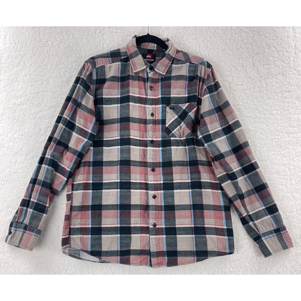 Quiksilver Button-Up Shirt Mens Small Black Red Plaid Flannel Long Sleeve Casual